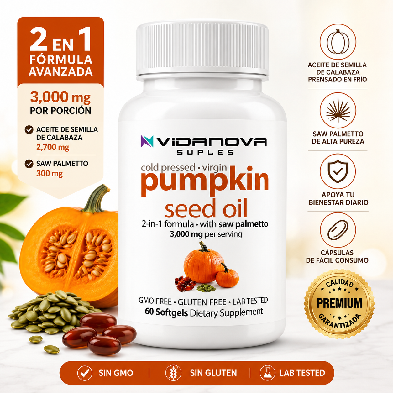Pumpkin Seed Oil + Saw Palmetto - Salud de la Próstata, Crecimiento Capilar y bienestar masculino.