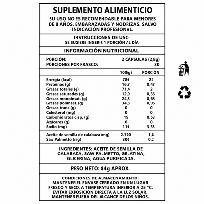 Pumpkin Seed Oil + Saw Palmetto - Salud de la Próstata, Crecimiento Capilar y bienestar masculino.