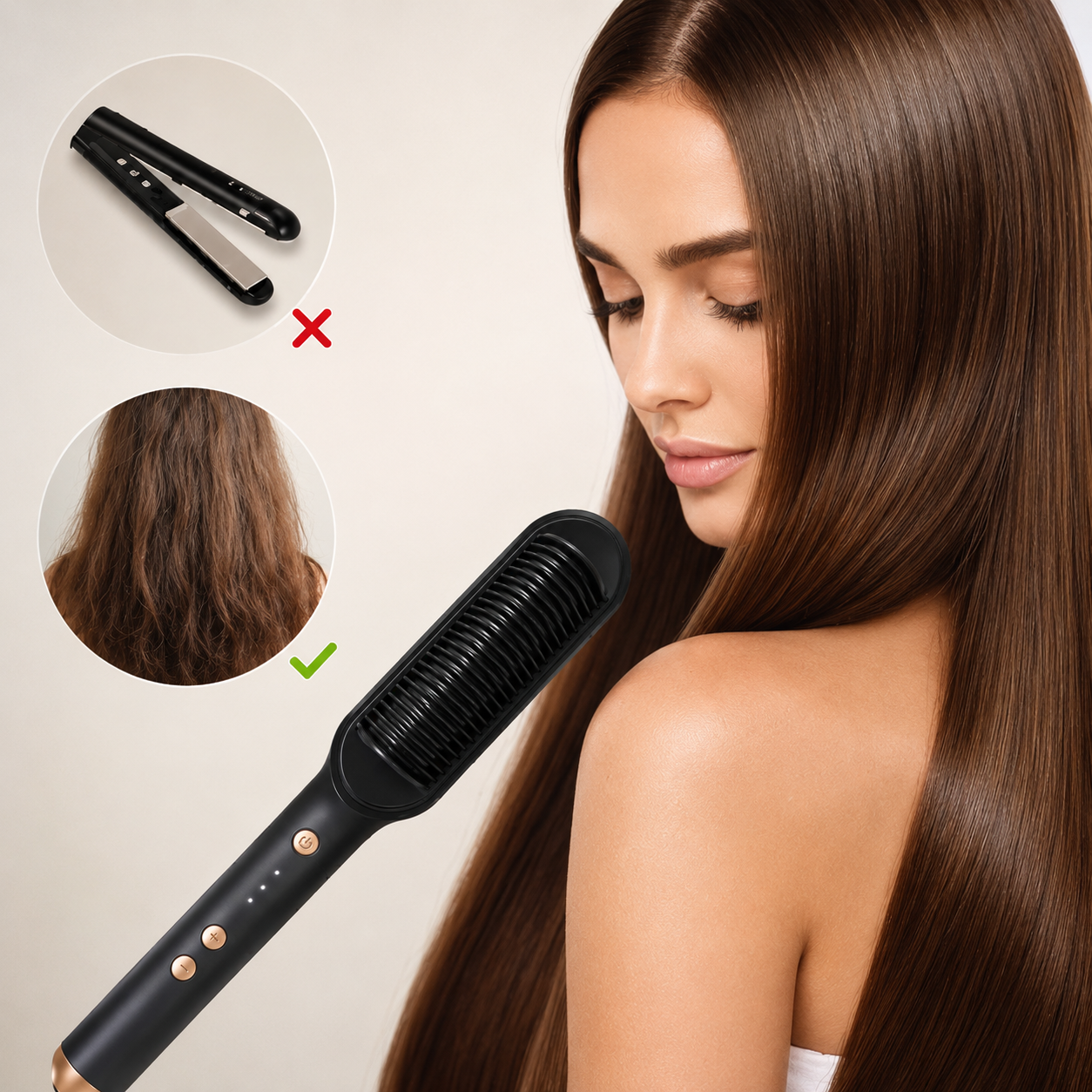 Cepillo alisador antifrizz — cabello liso en 3 minutos, sin salón
