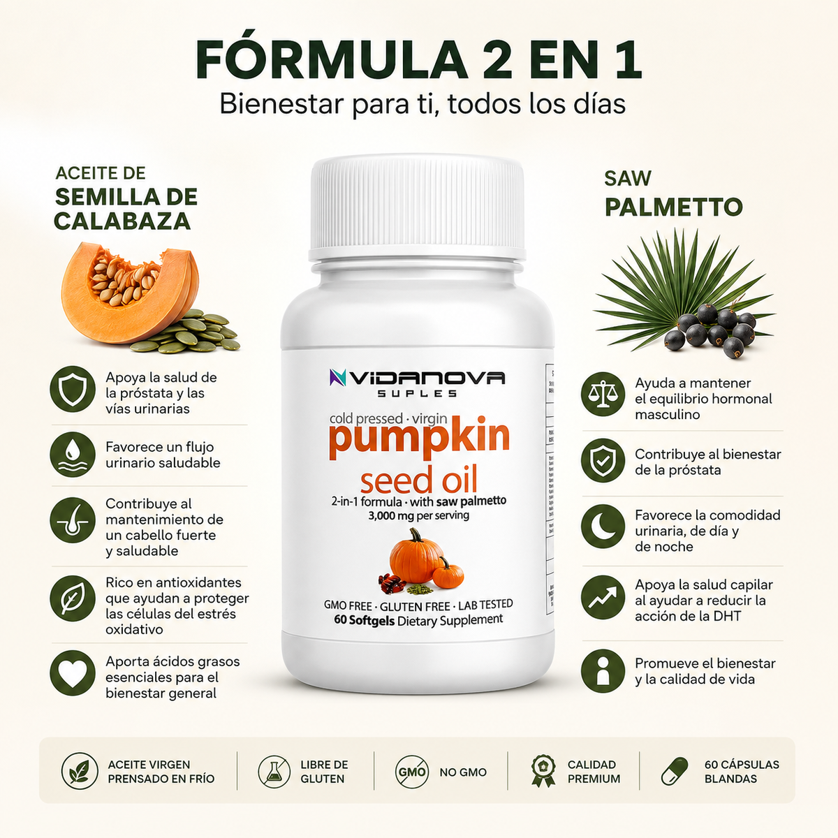 Pumpkin Seed Oil + Saw Palmetto - Salud de la Próstata, Crecimiento Capilar y bienestar masculino.